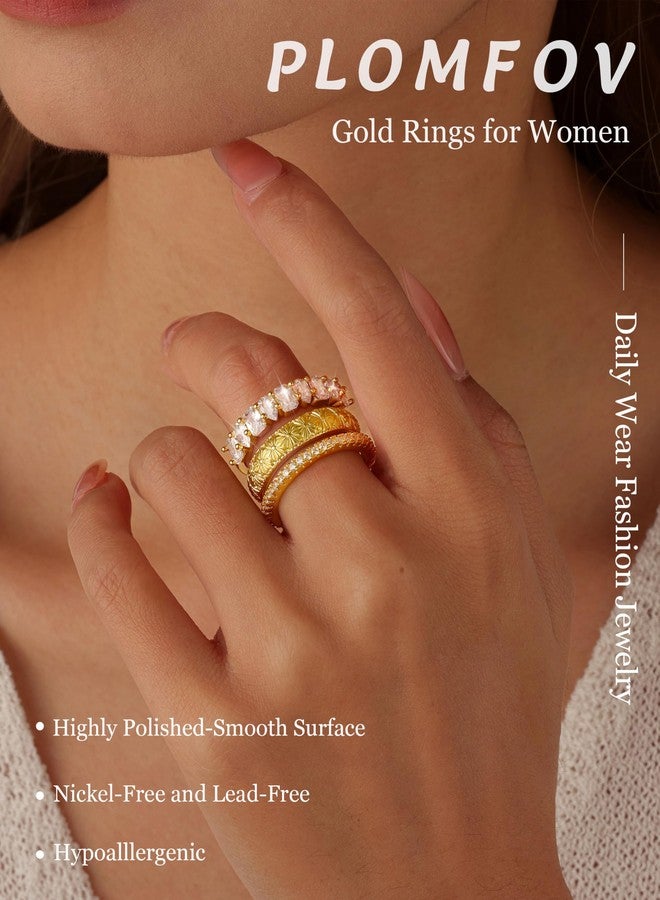 PLOMFOV Stackable Gold Rings for Women Non Tarnish Chunky Cubic Zirconia 14K Gold Plated Ring Set Stack Dainty Statement Promise Wedding Bands Engagement Rings for Women Size 5-10, Metal, Cubic - Image 2