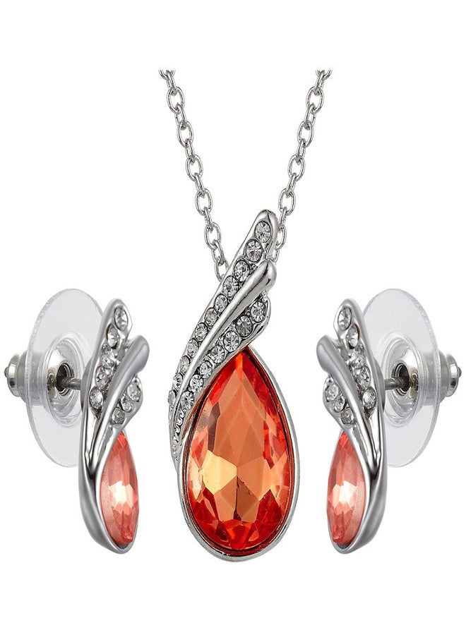 RIZILIA TEARDROP Jewelry Set Pendant with 17" Chain & Stud Earrings Pear Cut Austrian Crystal [Orange] in White Gold Plated, Simple Modern Elegant - Image 1