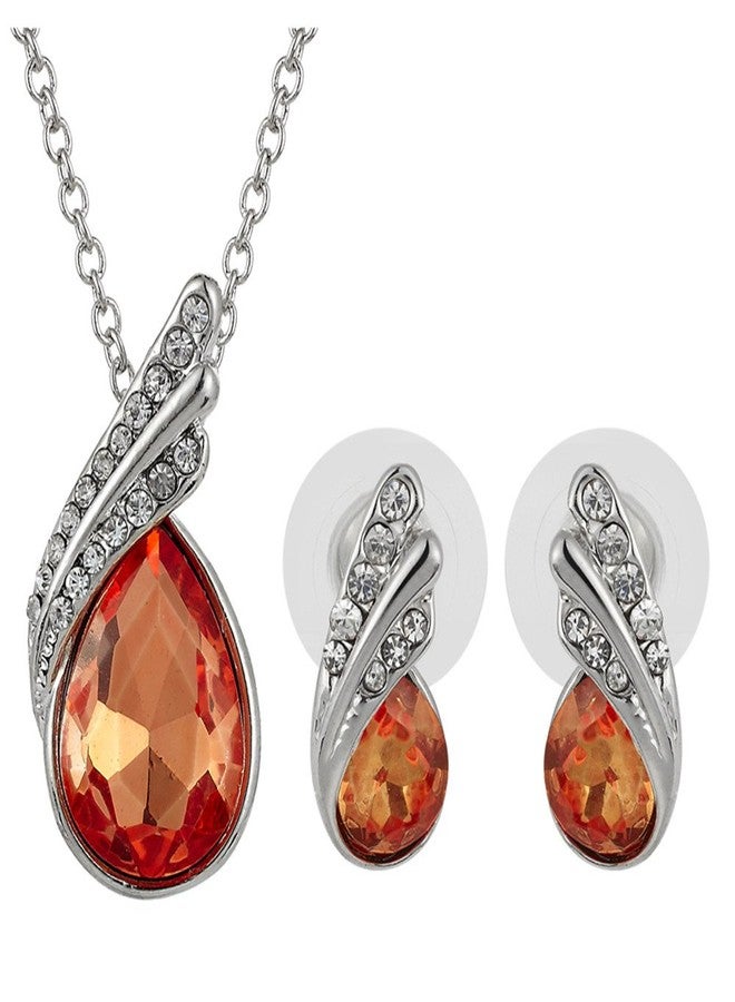 RIZILIA TEARDROP Jewelry Set Pendant with 17" Chain & Stud Earrings Pear Cut Austrian Crystal [Orange] in White Gold Plated, Simple Modern Elegant - Image 2