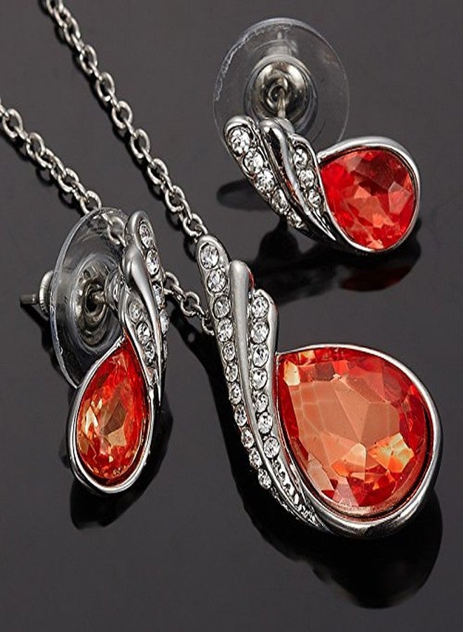RIZILIA TEARDROP Jewelry Set Pendant with 17" Chain & Stud Earrings Pear Cut Austrian Crystal [Orange] in White Gold Plated, Simple Modern Elegant - Image 4