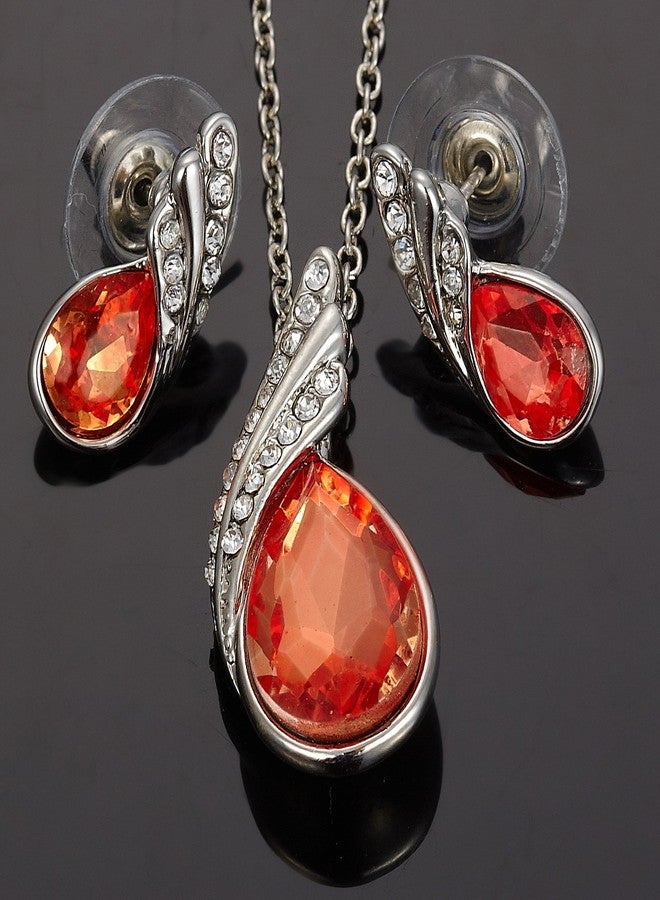 RIZILIA TEARDROP Jewelry Set Pendant with 17" Chain & Stud Earrings Pear Cut Austrian Crystal [Orange] in White Gold Plated, Simple Modern Elegant - Image 3