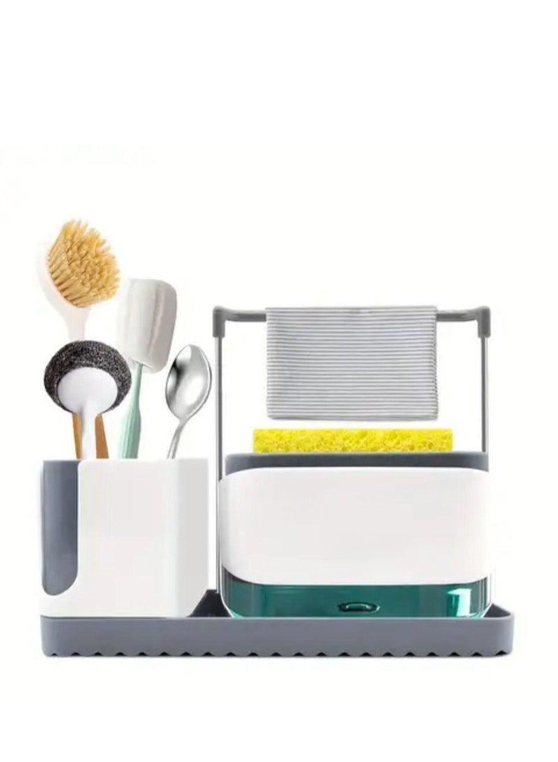 موزع صابون مع حامل إسفنج، مجموعة موزع صابون الأطباق وحامل الإسفنج 4 في 1 لمنظم حوض المطبخ ومضخة صابون قابلة للفصل مع حامل فرشاة