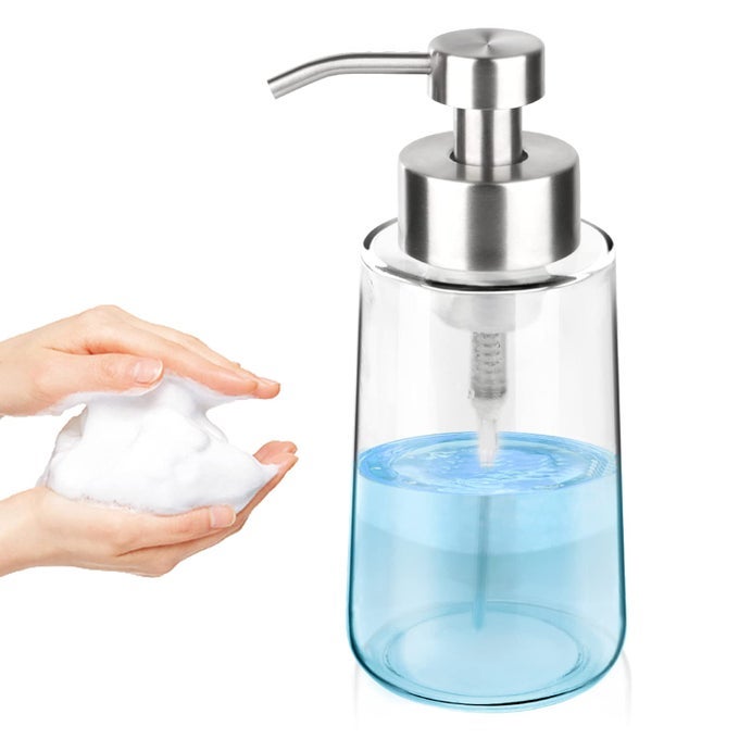 THICK GLASS SOAP DISPENSER WITH RUST PROOF STAINLESS STEEL PUMP CLEAR FOAM SOAP DISPENSER WITH WIDE OPENING FOR KITCHEN AND BATHROOM15 OZ