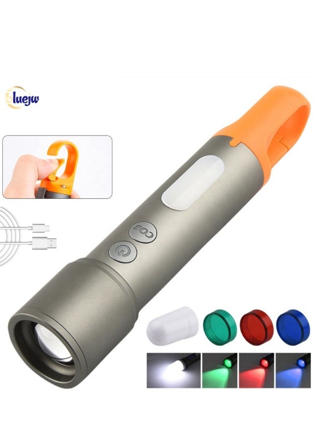 New Led Strong Light Flashlight USB Charging Multi Functional Telescopic Zoom Outdoor Camping Night Fishing Emergency Flashlight With 3 Modes+4 Cob Modes, Equipped With Red, Green, And Blue，White La  - Image 1