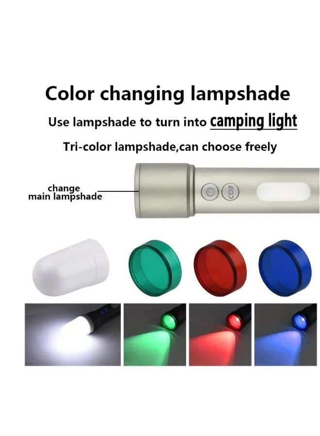 New Led Strong Light Flashlight USB Charging Multi Functional Telescopic Zoom Outdoor Camping Night Fishing Emergency Flashlight With 3 Modes+4 Cob Modes, Equipped With Red, Green, And Blue，White La  - Image 4
