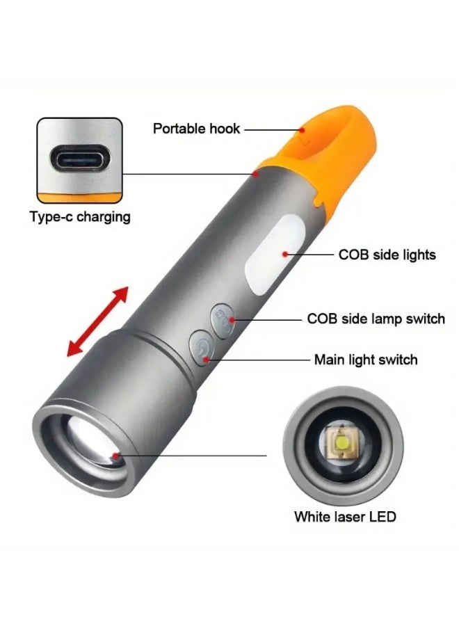 New Led Strong Light Flashlight USB Charging Multi Functional Telescopic Zoom Outdoor Camping Night Fishing Emergency Flashlight With 3 Modes+4 Cob Modes, Equipped With Red, Green, And Blue，White La  - Image 2