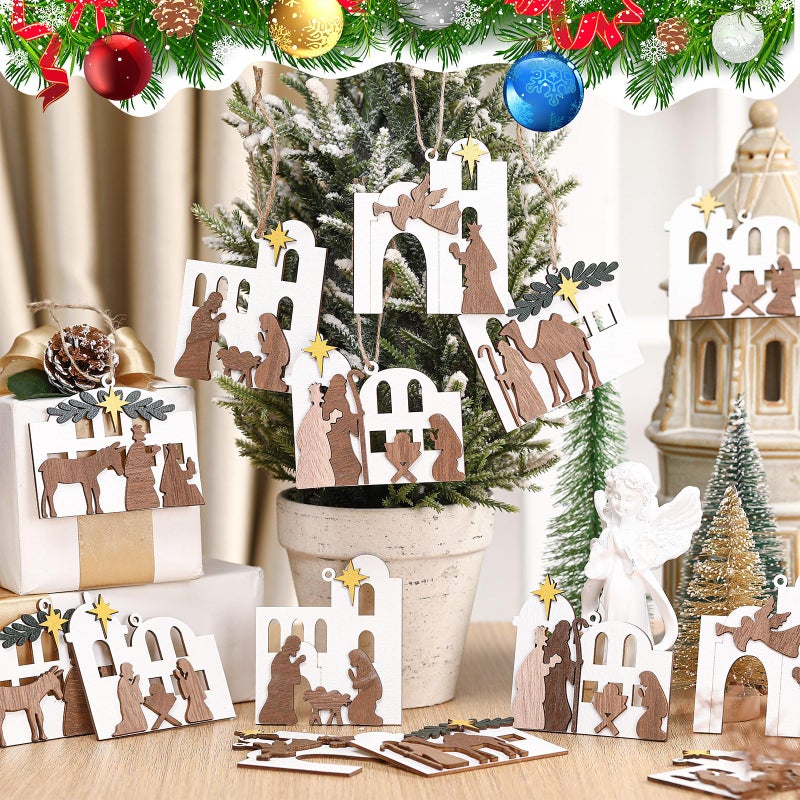 Shellwei 24 Pcs Christmas Nativity Story Wooden Ornaments Set Bulk Christian Music Sheet Nativity Ornament Nativity Scene Hanging Ornaments Xmas Tree Ornaments Religious Gift for Family(Classic) - Image 4