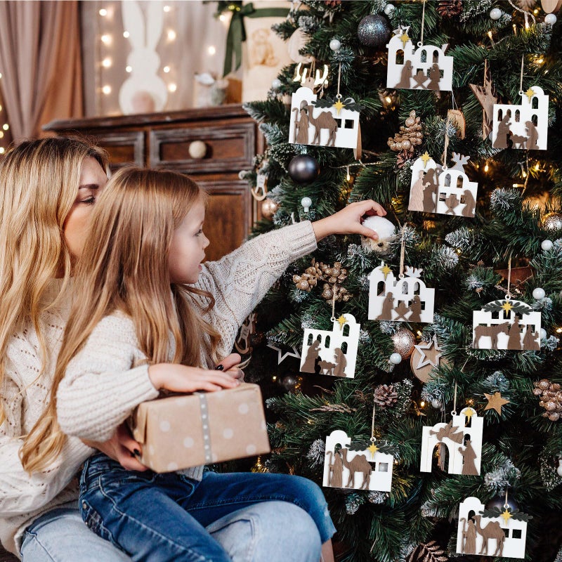 Shellwei 24 Pcs Christmas Nativity Story Wooden Ornaments Set Bulk Christian Music Sheet Nativity Ornament Nativity Scene Hanging Ornaments Xmas Tree Ornaments Religious Gift for Family(Classic) - Image 3