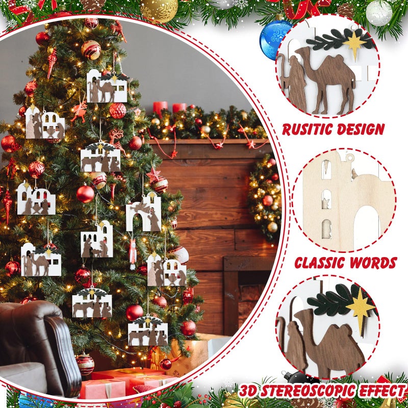 Shellwei 24 Pcs Christmas Nativity Story Wooden Ornaments Set Bulk Christian Music Sheet Nativity Ornament Nativity Scene Hanging Ornaments Xmas Tree Ornaments Religious Gift for Family(Classic) - Image 5