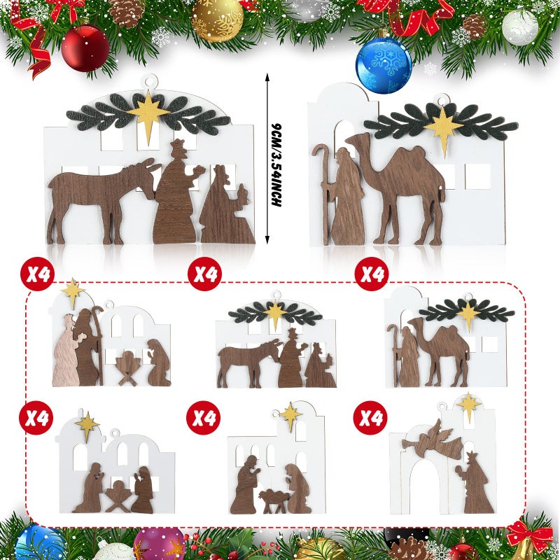 Shellwei 24 Pcs Christmas Nativity Story Wooden Ornaments Set Bulk Christian Music Sheet Nativity Ornament Nativity Scene Hanging Ornaments Xmas Tree Ornaments Religious Gift for Family(Classic) - Image 2