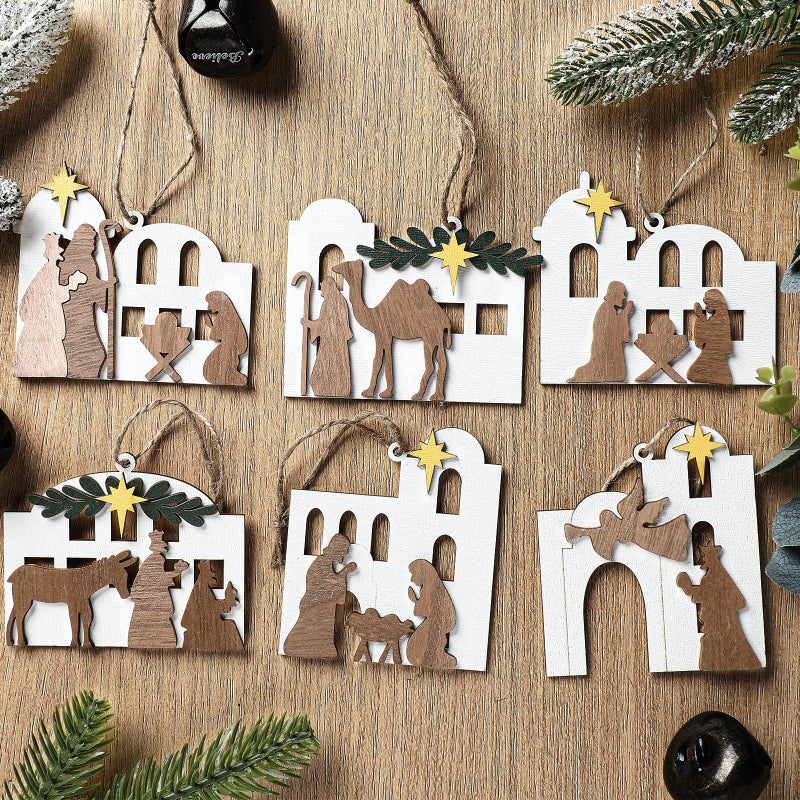 Shellwei 24 Pcs Christmas Nativity Story Wooden Ornaments Set Bulk Christian Music Sheet Nativity Ornament Nativity Scene Hanging Ornaments Xmas Tree Ornaments Religious Gift for Family(Classic) - Image 1