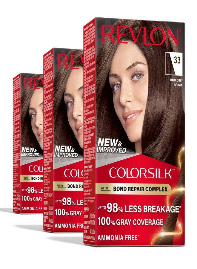 Revlon ColorSilk with Bond Repair Complex, Brown Permanent Hair Color, 100% Gray Coverage, Ammonia Free Hair Dye, Vegan Keratin, 33 Dark Soft Brown (Pack of 3) - Image 1