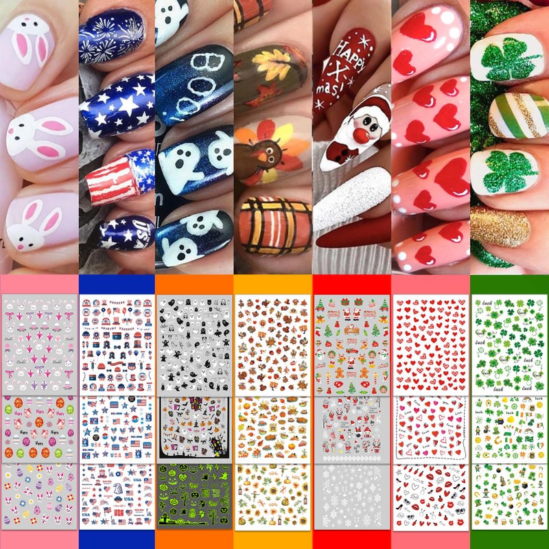 winthrop 30 Sheets 7 Holiday Nail Art Stickers, Mixed Season Nail Decals Set for All Year, 3D Self-Adhesive Pegatinas UÃ±as Easter 4th of July Halloween Thanksgiving Christmas Valentine's St. Patrick's Day - Image 1