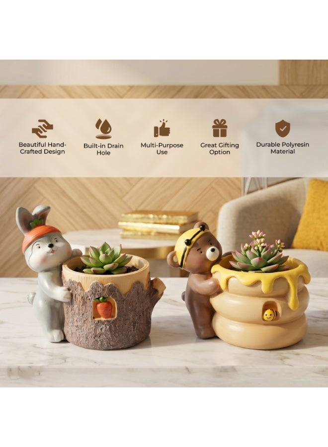 Animal Fruit Harvest Flower Pot Bunny Carrot and Bear Honey Bee 2Pcs Set Polyresin Cute Animal Succulent Planters Tree Trunk Honey Pot Vase Desk Flower Pot Pen Pencil Holder Propagator - Image 5