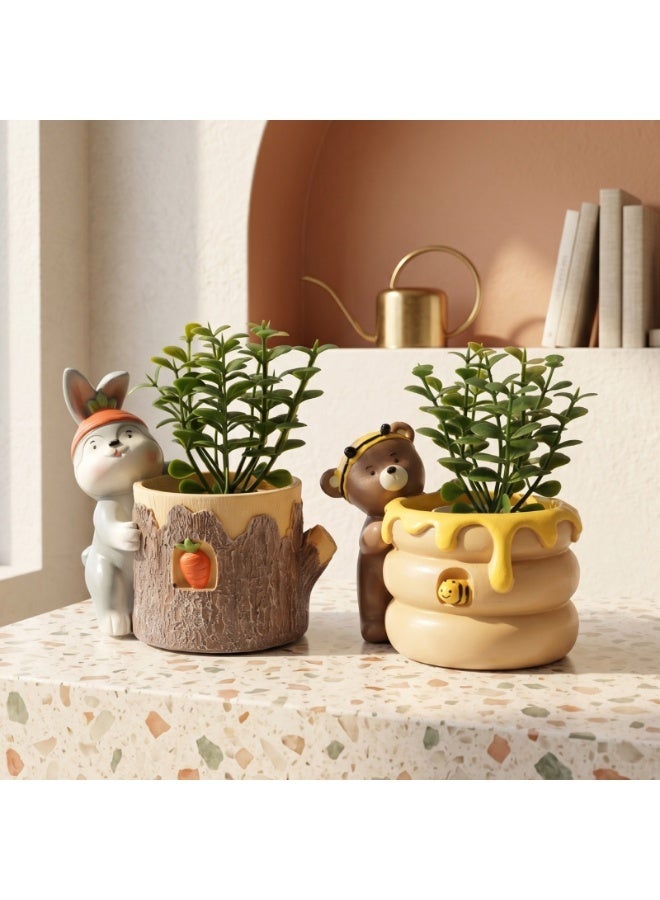 Animal Fruit Harvest Flower Pot Bunny Carrot and Bear Honey Bee 2Pcs Set Polyresin Cute Animal Succulent Planters Tree Trunk Honey Pot Vase Desk Flower Pot Pen Pencil Holder Propagator - Image 2