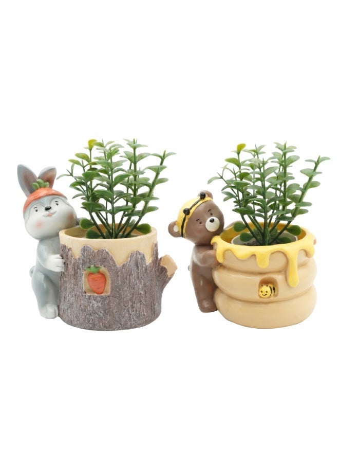 Animal Fruit Harvest Flower Pot Bunny Carrot and Bear Honey Bee 2Pcs Set Polyresin Cute Animal Succulent Planters Tree Trunk Honey Pot Vase Desk Flower Pot Pen Pencil Holder Propagator - Image 1