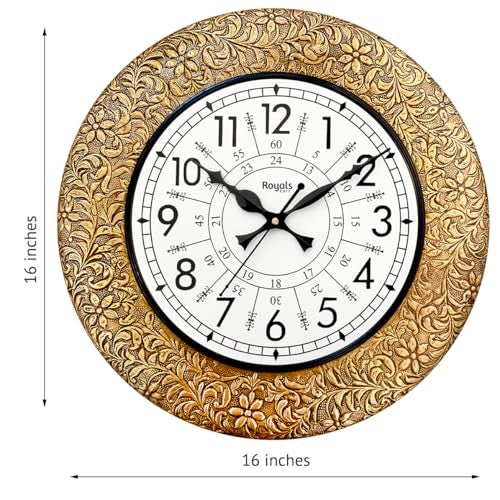 RoyalsCart Luxury Home Decor Wooden Wall Clock Handcrafted with Emboss Metal | 16 Inch Silent Sweep Designer Wall Clock for Living Room | Large Vintage Clock for hall with 24 Hours Numerals [KTWC255N] - Image 4