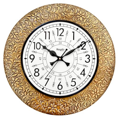RoyalsCart Luxury Home Decor Wooden Wall Clock Handcrafted with Emboss Metal | 16 Inch Silent Sweep Designer Wall Clock for Living Room | Large Vintage Clock for hall with 24 Hours Numerals [KTWC255N] - Image 1