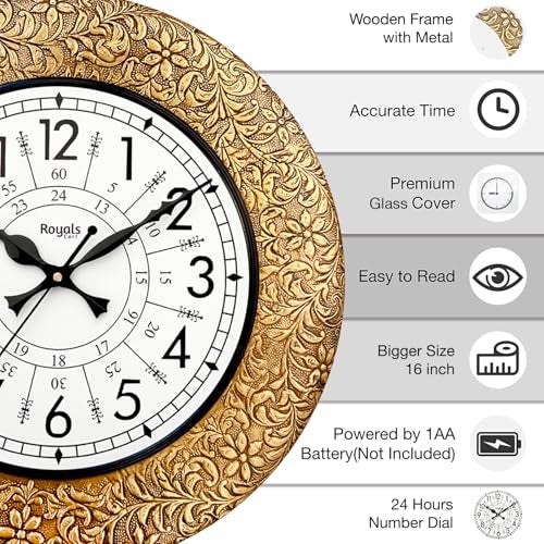 RoyalsCart Luxury Home Decor Wooden Wall Clock Handcrafted with Emboss Metal | 16 Inch Silent Sweep Designer Wall Clock for Living Room | Large Vintage Clock for hall with 24 Hours Numerals [KTWC255N] - Image 2
