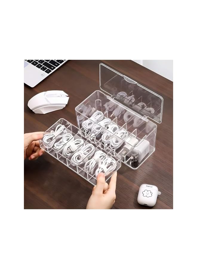 promass Data Cable Storage Box, Clear Plastic Charger Cord Organizer Box, 12 Grids Cable Organizer Box, Cable Storage Box with 15 Wire Ties for Home Drawer Office Desk Organizers and Accessories - Image 3