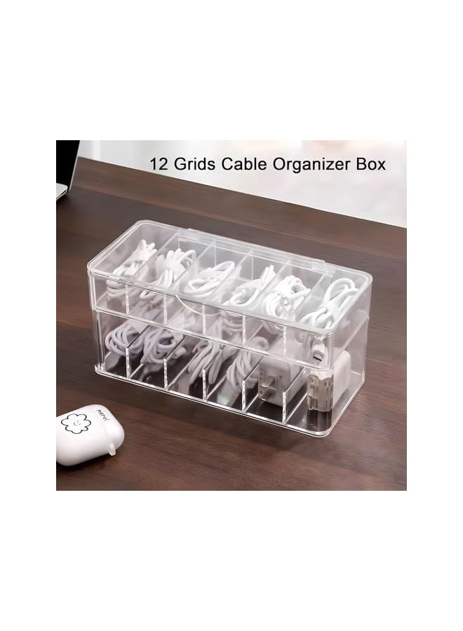 promass Data Cable Storage Box, Clear Plastic Charger Cord Organizer Box, 12 Grids Cable Organizer Box, Cable Storage Box with 15 Wire Ties for Home Drawer Office Desk Organizers and Accessories - Image 1