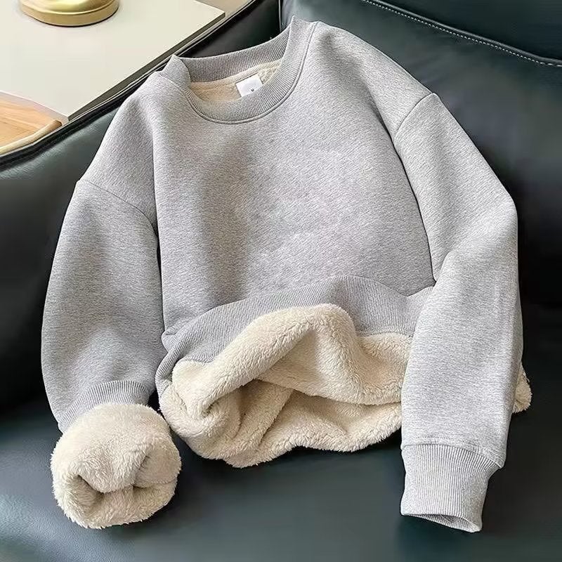 Casual Pure Color Inner Loose Sweatshirt For Boys Winter Round Neck Hong Kong Style Top New Lamb Velvet Sweatshirt - Image 4