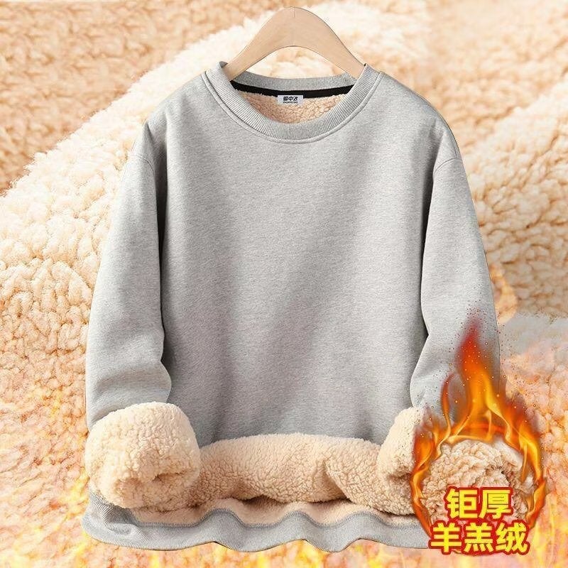 Casual Pure Color Inner Loose Sweatshirt For Boys Winter Round Neck Hong Kong Style Top New Lamb Velvet Sweatshirt - Image 5