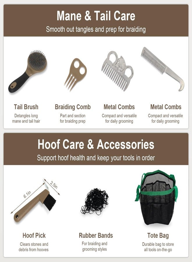 Swess Horse Grooming Kit 14 Piece, Horse Brushes Set for Grooming & Bathing Supplies, Professional Horse Supplies with Mane & Tail Comb, Curry Comb, Hoof Pick, Gloves & Mesh Tote Bag for Equine Care - Image 3