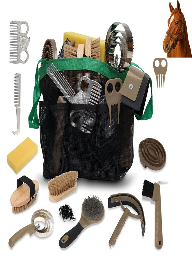 Swess Horse Grooming Kit 14 Piece, Horse Brushes Set for Grooming & Bathing Supplies, Professional Horse Supplies with Mane & Tail Comb, Curry Comb, Hoof Pick, Gloves & Mesh Tote Bag for Equine Care - Image 1