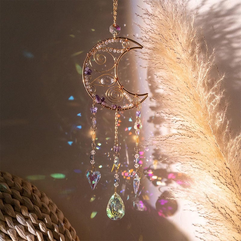 TUOKING Crystal Moon Suncatchers for Window Hanging Natural Healing Stones Wind Chimes Sun Catcher Rainbow Maker Good Luck Gifts Decor for Home Garden - Image 4
