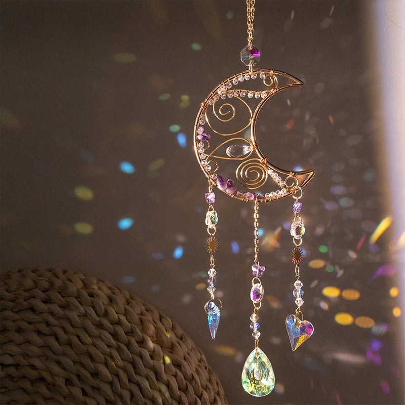 TUOKING Crystal Moon Suncatchers for Window Hanging Natural Healing Stones Wind Chimes Sun Catcher Rainbow Maker Good Luck Gifts Decor for Home Garden - Image 1