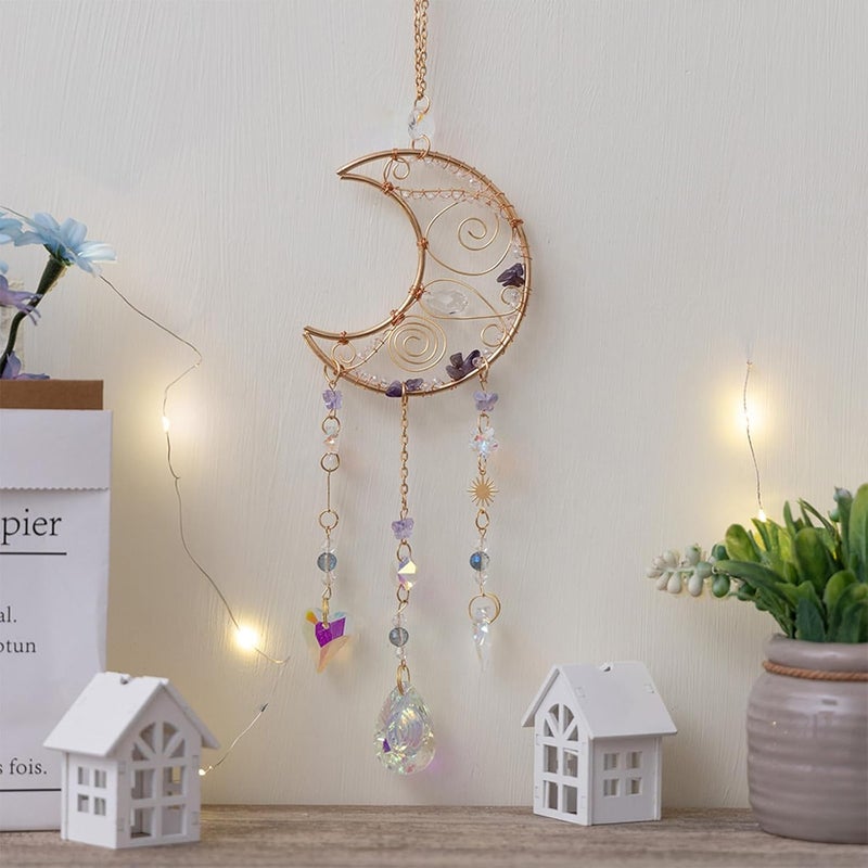 TUOKING Crystal Moon Suncatchers for Window Hanging Natural Healing Stones Wind Chimes Sun Catcher Rainbow Maker Good Luck Gifts Decor for Home Garden - Image 5