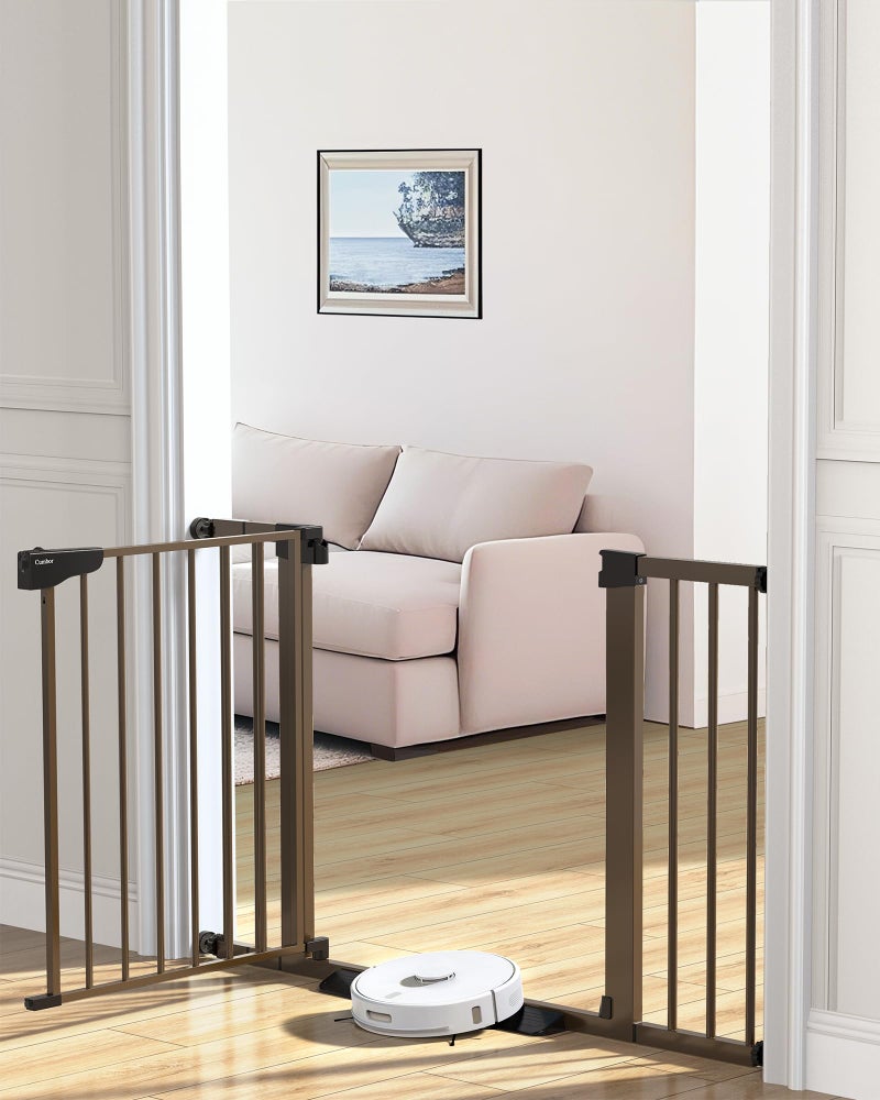 Cumbor 29.7-46" Baby Gate for Stairs, Mom's Choice Awards Winner-Auto Close Dog Gate for the House, Easy Install Pressure Mounted Pet Gates for Doorways, Easy Walk Thru Wide Safety Gate for Dog, Brown - Image 1