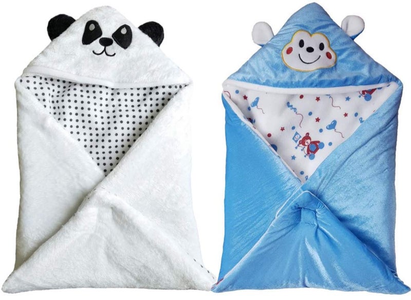 BRANDONN New Born Supersoft and Fluffy All Season Hooded Wrapper/Sleeping Bag/Baby Blanket for Babies Pack of 2 (66 x 66 cm, 0-6 Months) - Image 1