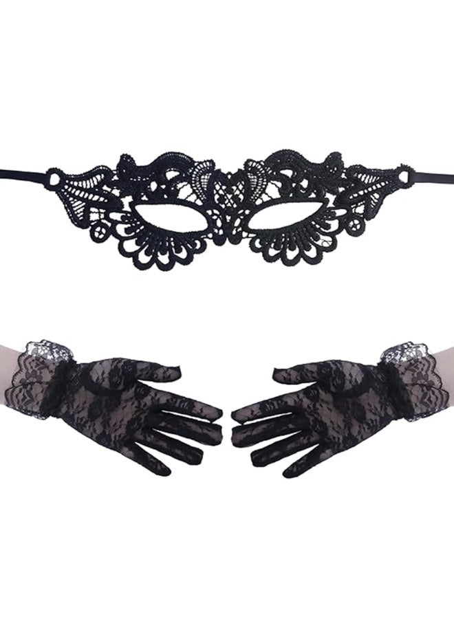 HZYH Black Lace Masquerade Mask and Gloves for Women, Elegant Halloween Costume Accessories for Party, Cosplay, Prom and Masquerade Ball Outfits - Image 1