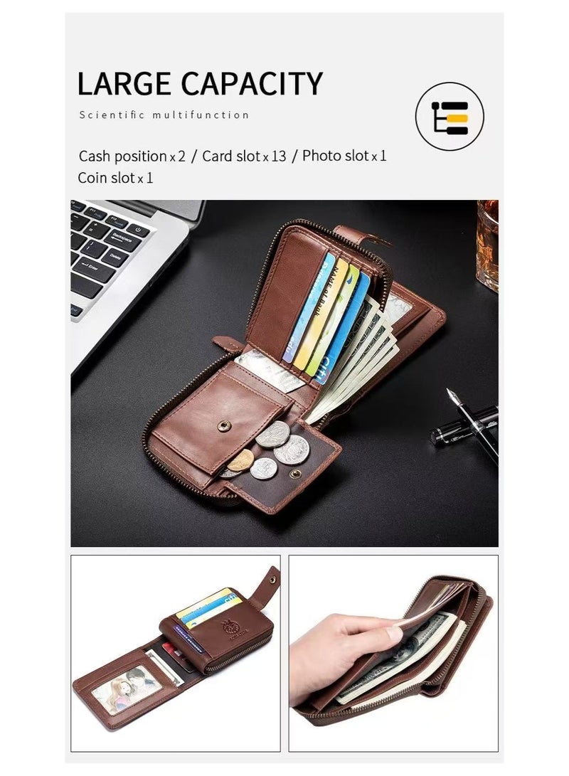Genuine Leather Wallet for Men RFID Blocking Card Holder Wallet with Zipper Coin Pocket ID Window(brown) - Image 5