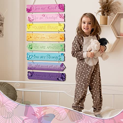 Qunclay Inspirational Girl Room Decor Aesthetic Art Wall Hanging Sign Inspiring Colorful Rainbow Wooden Decoration for Kids Teens Toddler Boy Baby Bedroom Nursery Dorm Decor, 6-12 Years old (Butterfly) - Image 4