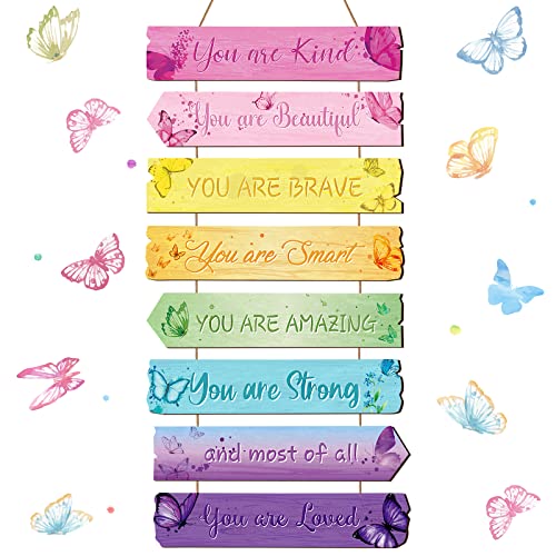 Qunclay Inspirational Girl Room Decor Aesthetic Art Wall Hanging Sign Inspiring Colorful Rainbow Wooden Decoration for Kids Teens Toddler Boy Baby Bedroom Nursery Dorm Decor, 6-12 Years old (Butterfly) - Image 1