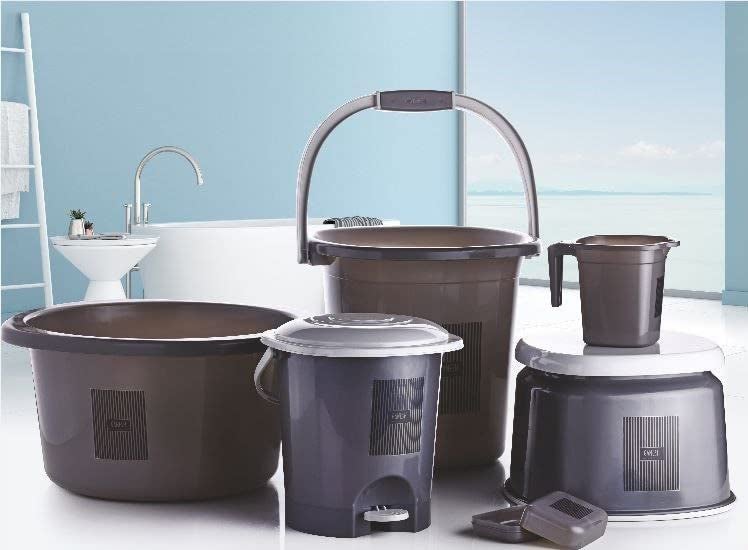 YORWAN Harmony Bathroom Accessories Set for Home 6 pcs Plastic Bath Set Bathroom Bucket 20 ltr Tub 20 ltr Mug 15 ltr Stool 7 inch Push Dustbin 7 ltr And Soap Tray Make in India Coffee