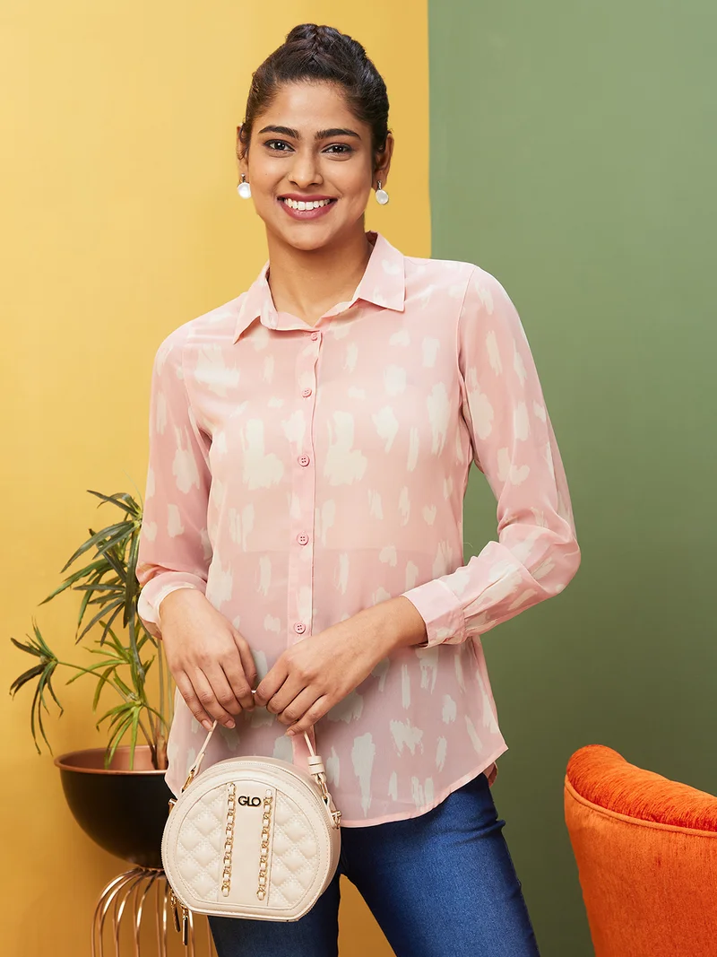 globus Women Pink Abstract Printed Shirt Collar Cuffed Sleeve Georgette Shirt Style Top