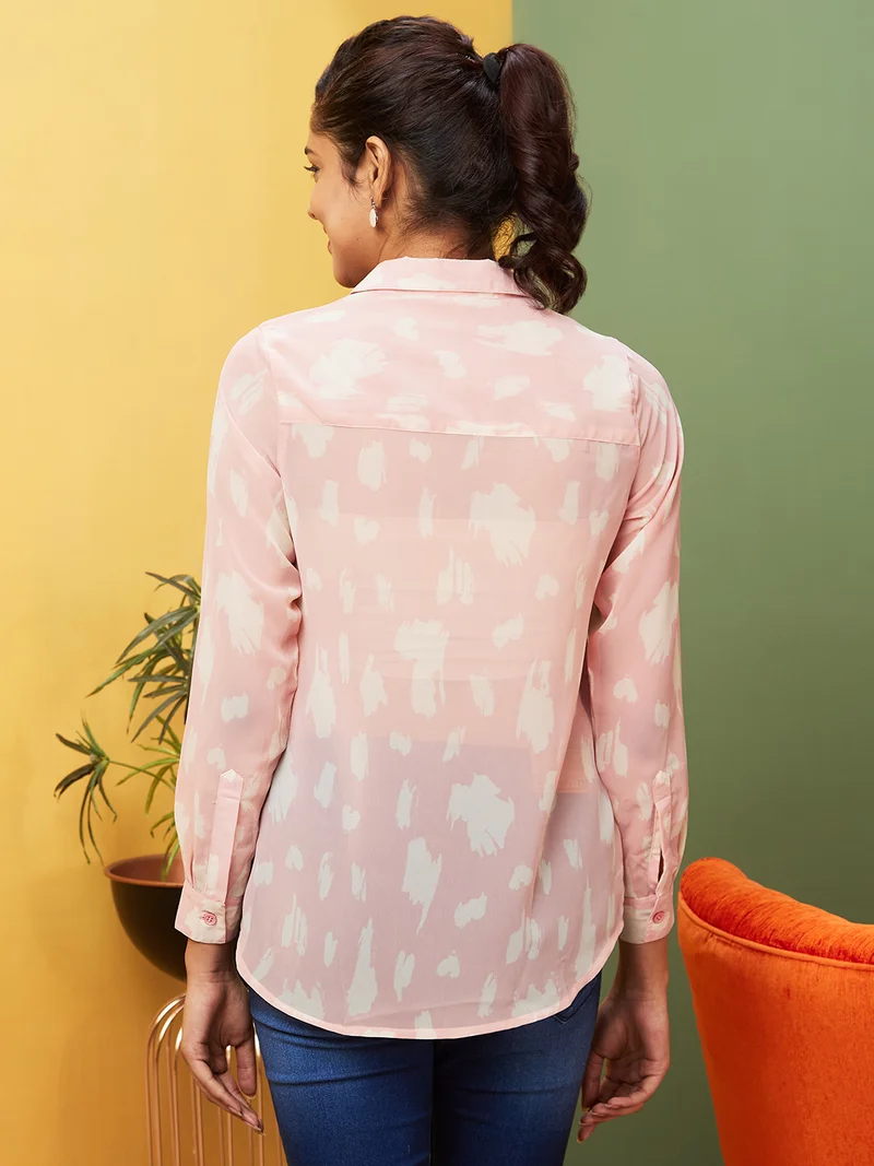 globus  Women Pink Abstract Printed Shirt Collar Cuffed Sleeve Georgette Shirt Style Top for Women | Best Price UAE