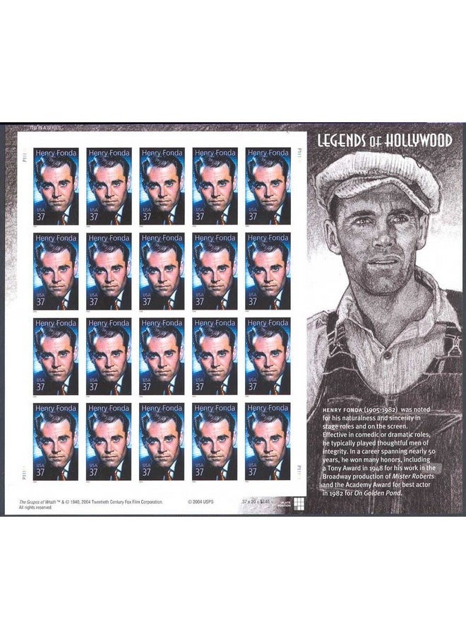 USPS Henry Fonda Legends Of Hollywood Full Sheet Of 20 X 37 Cent Stamps Usa 2005 Scott 3911  - Image 1