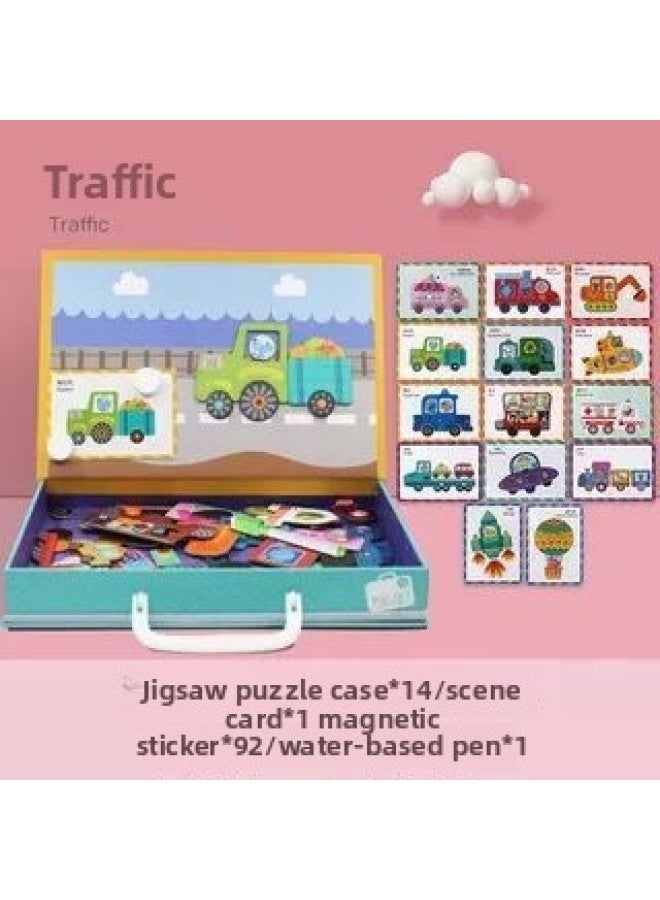 Wooden Puzzle Stickers Magnetic Collage Fun Double-sided Jigsaw Puzzle Interactive Early Education Intellectual Toy Game-Color:ZKB-Puzzle Post Traffic 【Portable】】 - Image 1