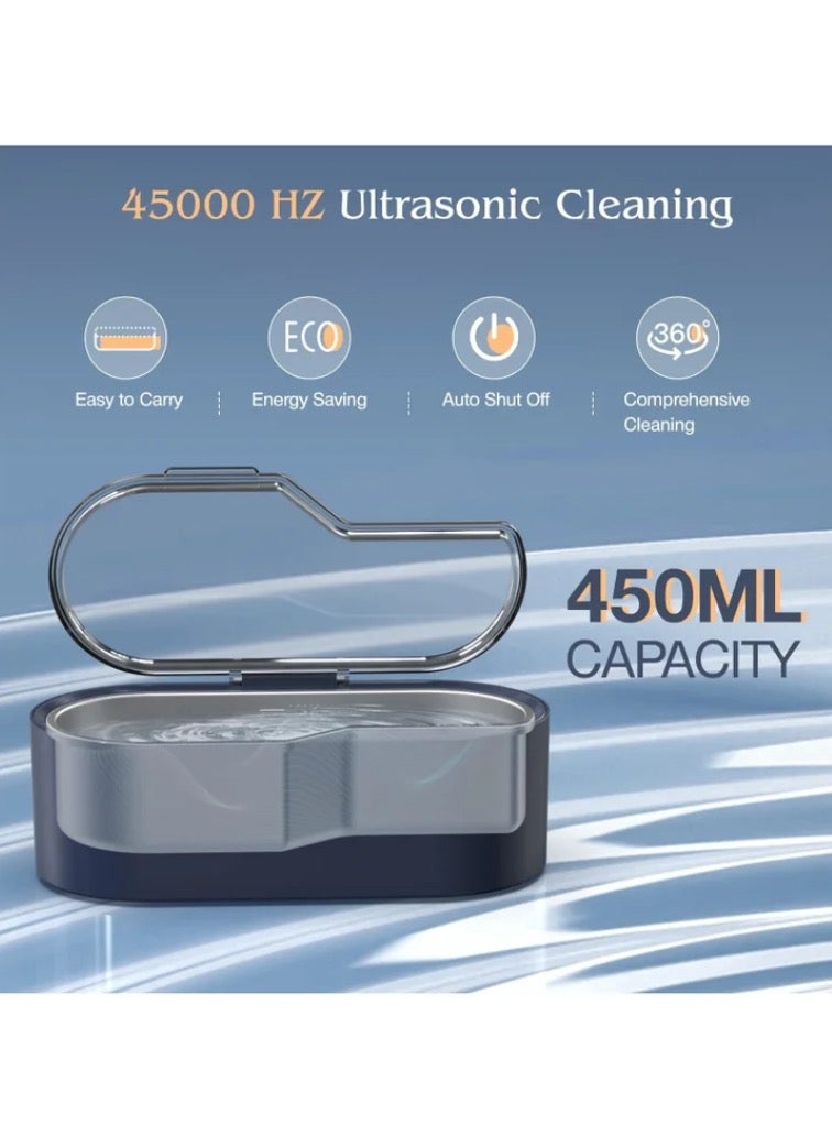 Jewelry Ultrasonic Cleaner,Professional Cleaning Machine for All Jewelry SUS 304 Tank, 45kHz Portable Household Cleaner for Eyeglasses, Watches, Rings, Necklaces, Dentures 450ml, Navy Blue - Image 3