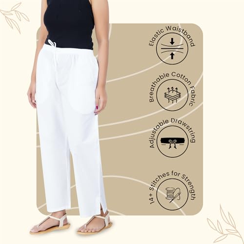 Happy Bunny Parallel Pants for Women 100% Cotton Ankle Length Trousers Regular Fit with Elastic Drawstring Stylish & Pockets Casual Formal Wear for Office & Home (2XL, White) - Image 3