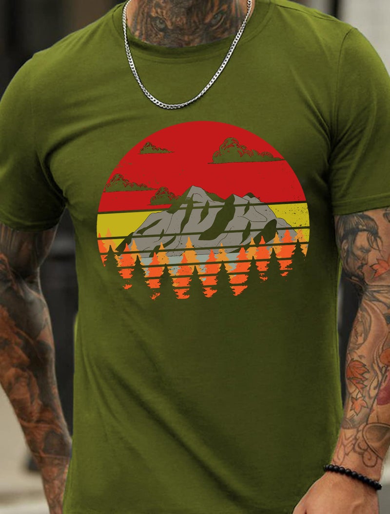 European Code Plus Size Forest Peak Printed Pattern Men'S Cotton Summer T-Shirt - Image 5