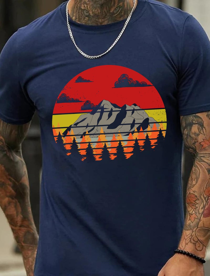 European Code Plus Size Forest Peak Printed Pattern Men'S Cotton Summer T-Shirt - Image 2