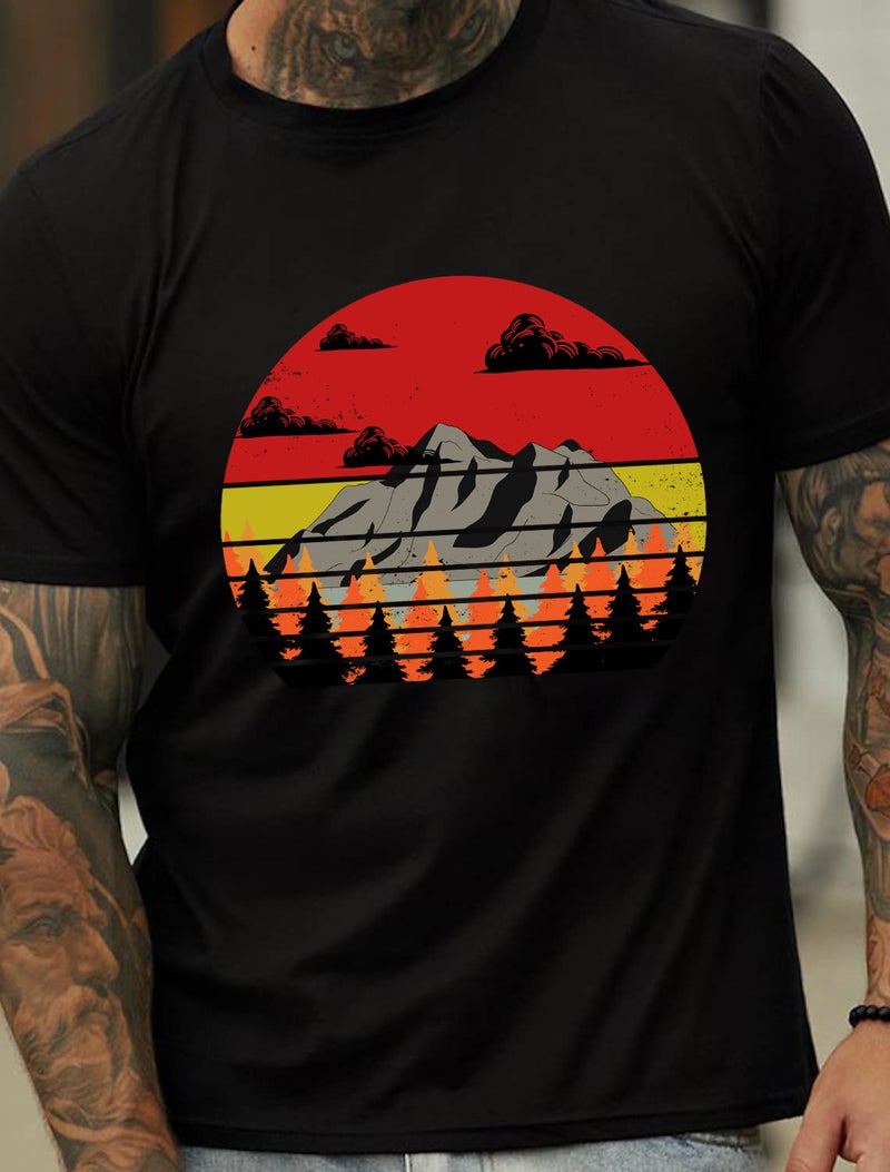European Code Plus Size Forest Peak Printed Pattern Men'S Cotton Summer T-Shirt - Image 4