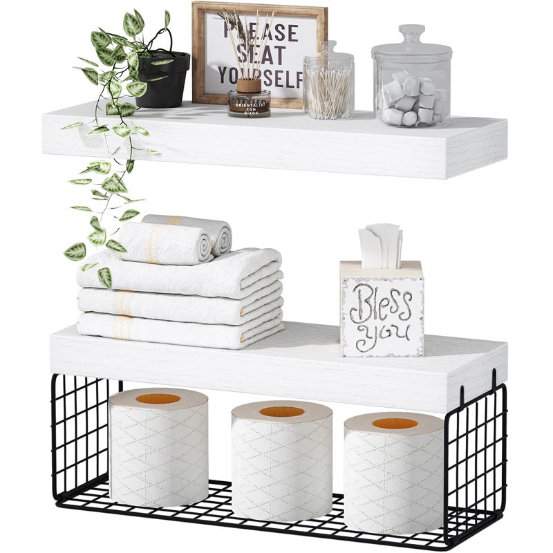 QEEIG Bathroom Shelves Over Toilet  Wall Mounted Floating Shelves Toilet Paper Storage Small Farmhouse Decor Shelf 16 inch Set of 2 White and Black 019WB2