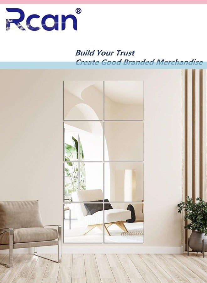 ركان مجموعة من 8 قطع من بلاط مرايا الحائط كاملة الأبعاد 20 × 20 سم مرآة حائط بدون إطار ومرآة مكياج ذاتية اللصق للباب والقاعدة لغرفة النوم وغرفة المعيشة - Image 1